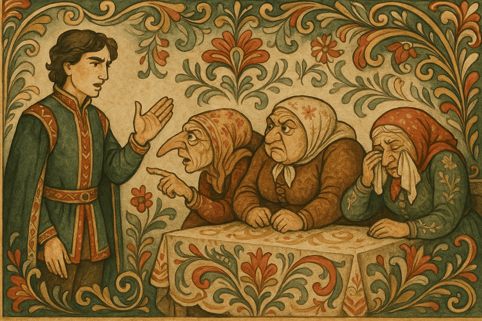 Mostrene forklarer hvordan spinning, veving og søm har forvrengt dem, mens prinsen besluttsomt forbyr sin brud å arbeide mer.