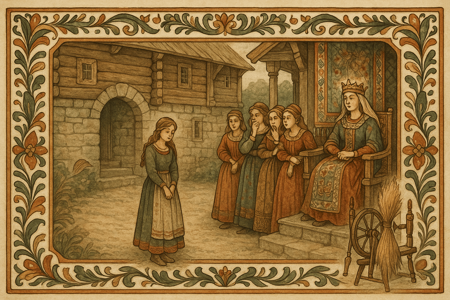 En fattig, vakker pike i enkel ullkjole står i borggården mens dronningen ser vennlig på henne, og misunnelige tjenestepiker hvisker i bakgrunnen.