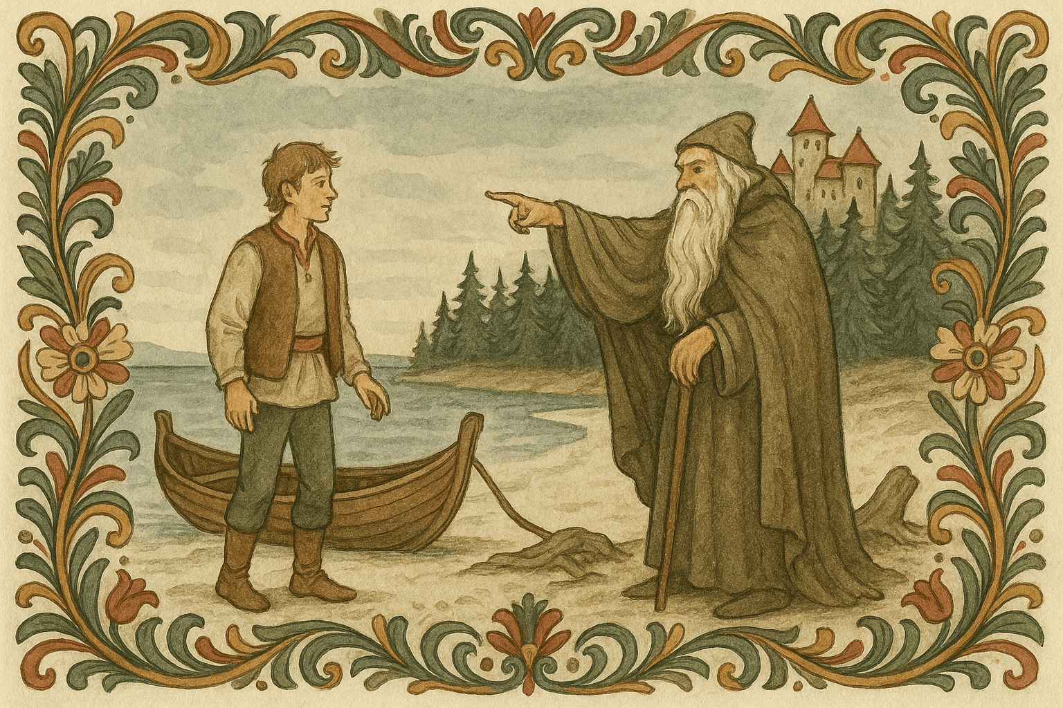 Gutten kommer i land på en hvit strand i Hvittenland og møter en gammel mann med hvitt skjegg; et slott ligger i skogkanten.