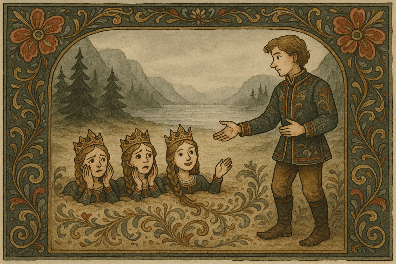 Tre prinsesser står i jorden med bare hodene synlige; de to eldste ber ham komme, den tredje lokker ham nær.