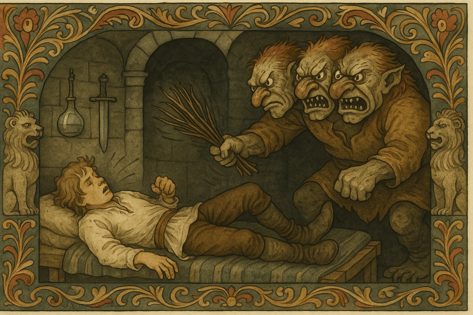 Et trehodet troll pisker gutten i et mørkt kammer mens to steinløver vokter utenfor; en flaske og et sverd henger på veggen.