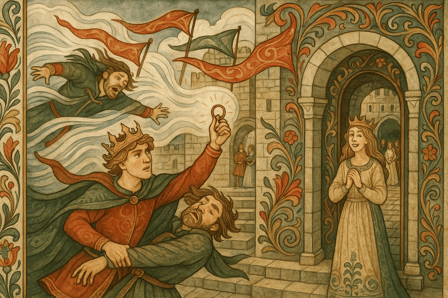 Den unge kongen viser en ring og kaster en rival ut mens nordenvinden tar ham; dronningen står glad i døråpningen foran festforberedelser.