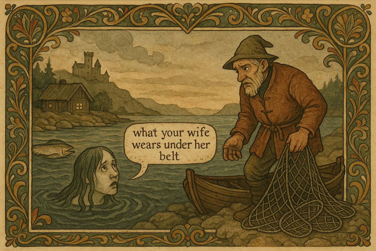 En fisker ved fjæra møter et vannhode som lover fisk i bytte mot hans kones belte; en tømmerstue og et slott ses i bakgrunnen.