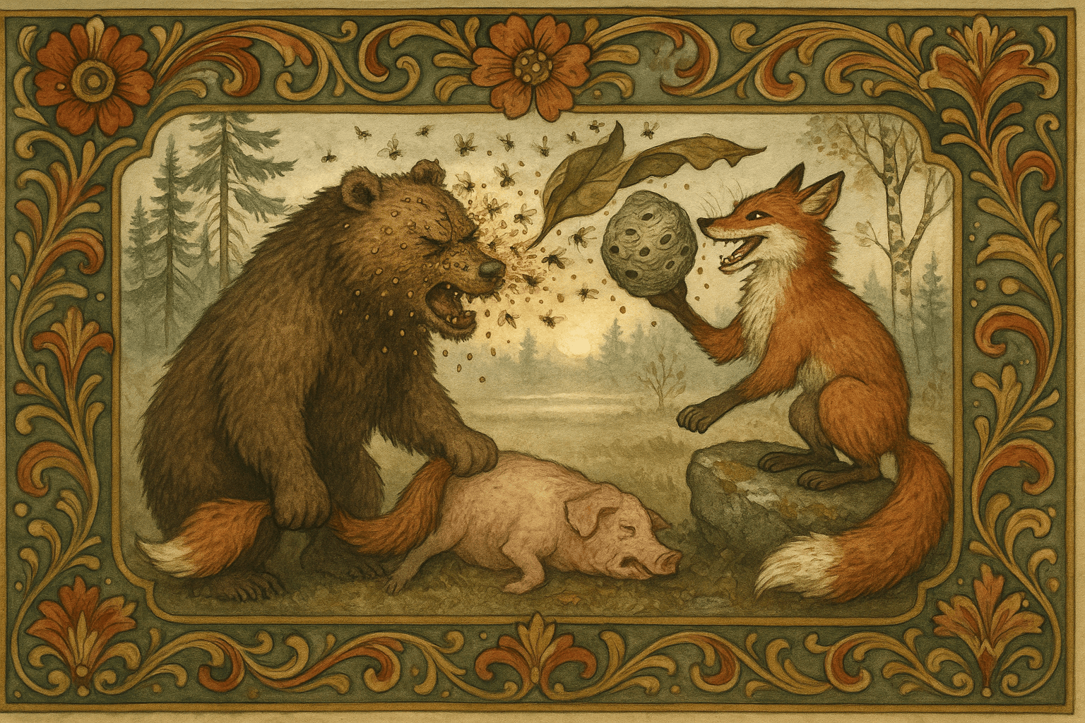 Rev Mikkel på en stein løfter et løvblad og avslører et stort vepsereir mens bjørnen blir stukket; en halvslaktet gris ligger ved myrekanten.