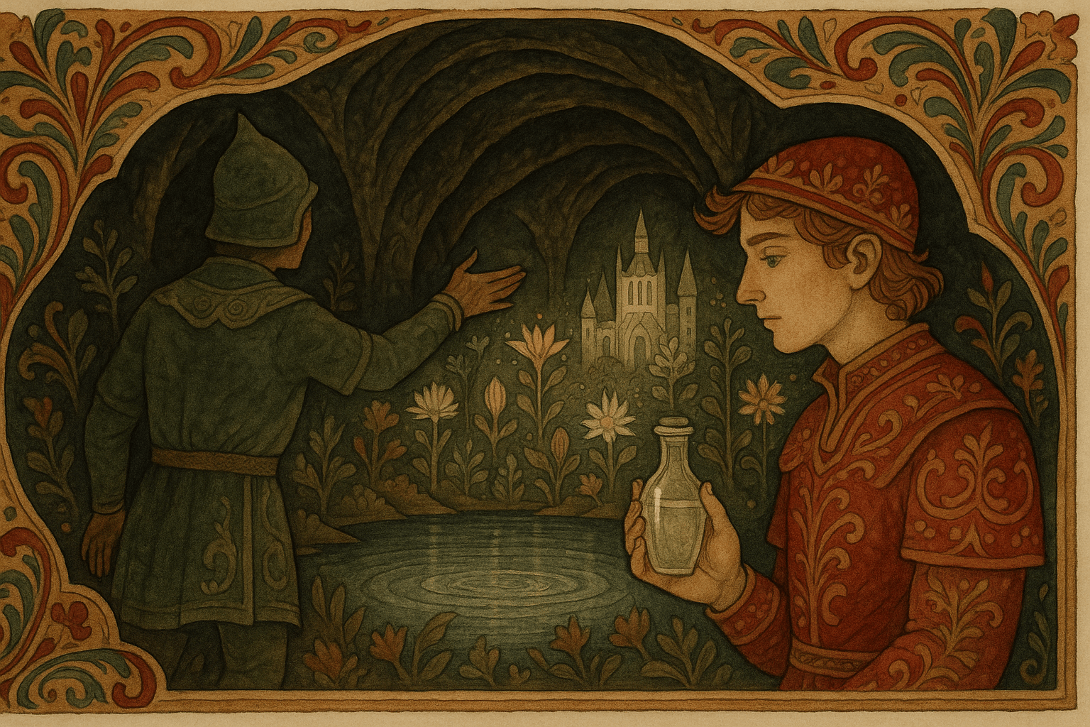 Prinsen står ved en klar dam i et underjordisk rike av krystall mens den grønne ridder peker mot livets kilde. Rundt dem vokser merkelige lysende blomster i et rike uten dødelighet.