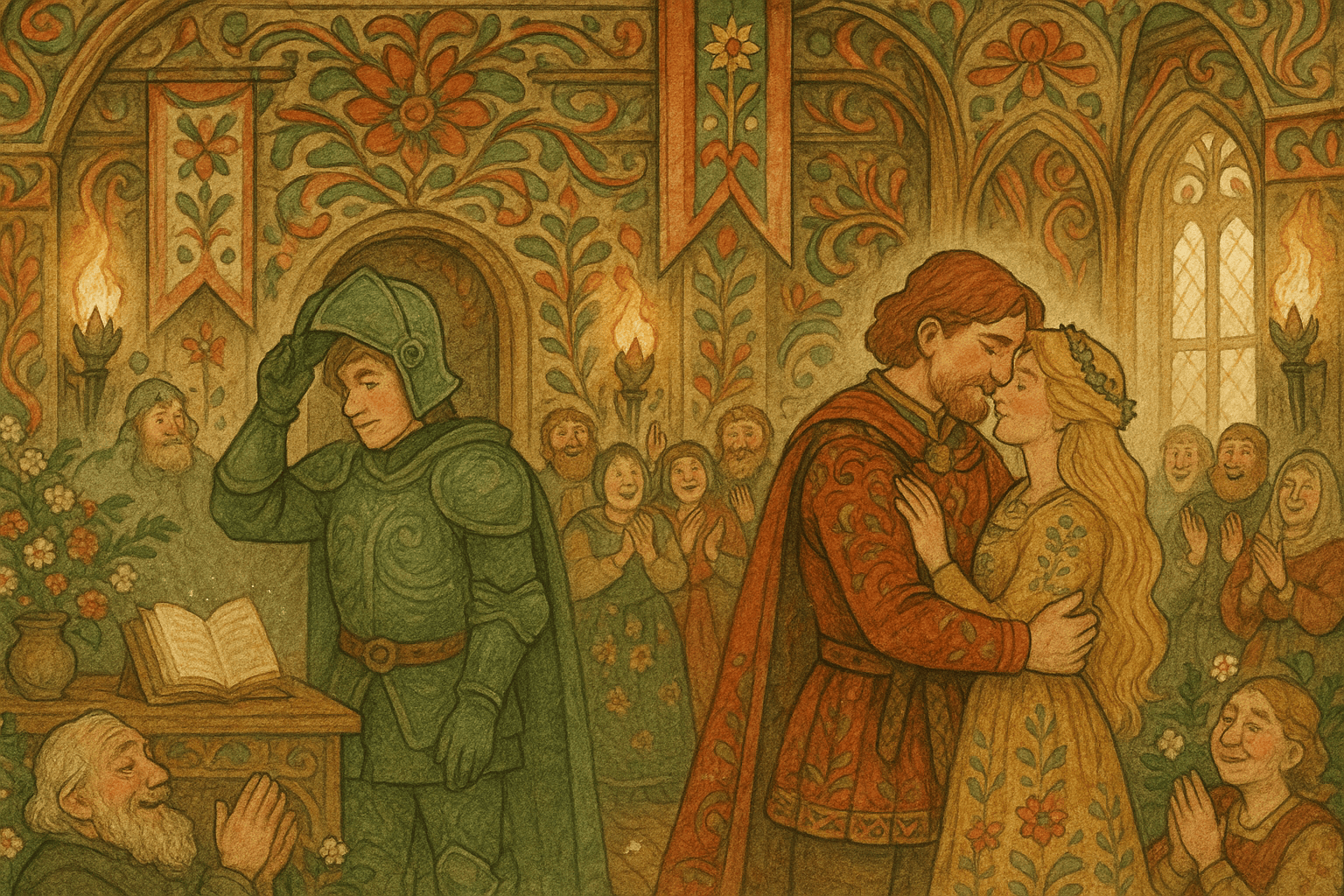 I en stor bryllupssal omfavner prinsen og prinsesse Lysandra hverandre mens gjestene jubler. Den grønne ridder tar av hjelmen og viser gullfarget hår; den magiske boken viskes sakte ut.