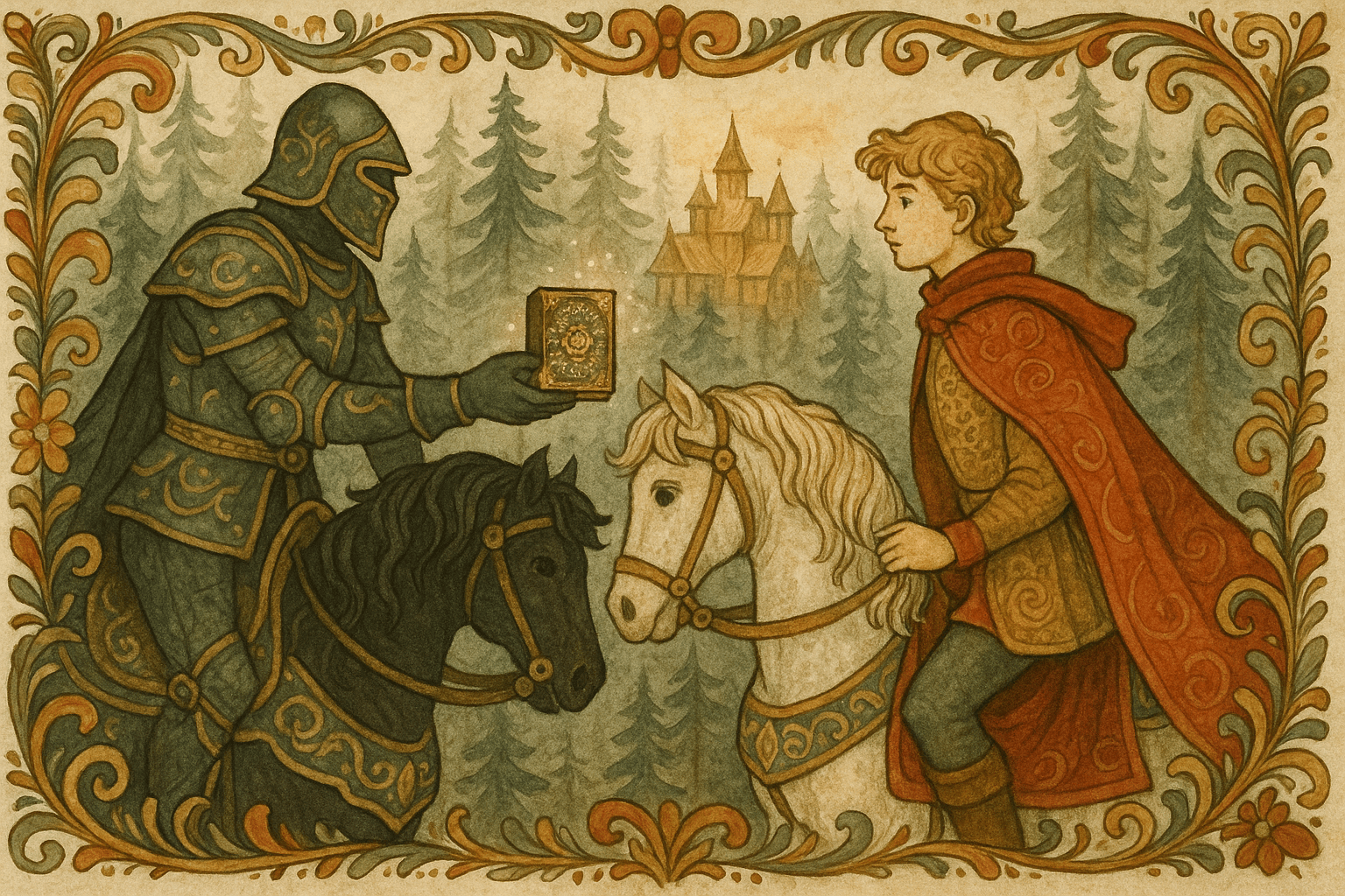 Prins Røde møter en grønn ridder i en nordisk furuskog. Ridderen holder frem en liten bok som glitrer av gull og sølv mens en svart hest står ved hans side.