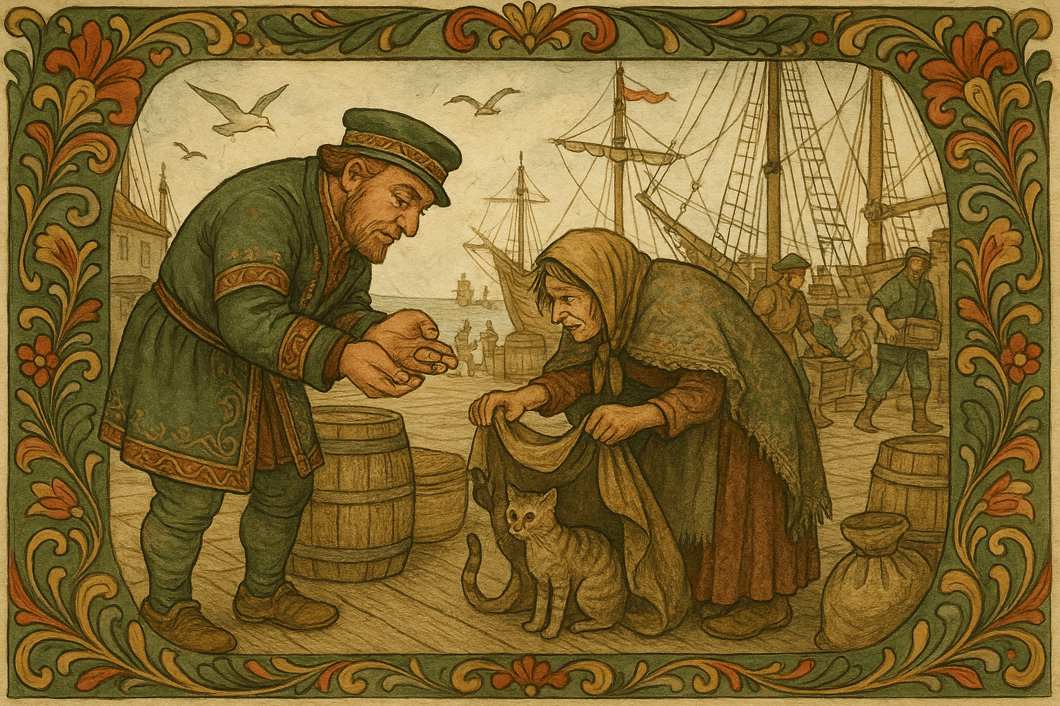 En kjøpmann ved bryggen gir en liten mynt for en kattepose, med skip og tømmer i bakgrunnen.
