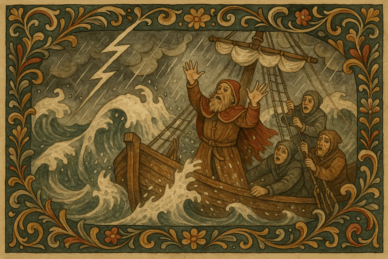 Et skip i hardt uvær, kjøpmannen på dekk løfter hendene i desperat løfte mens bølgene slår mot mastene.