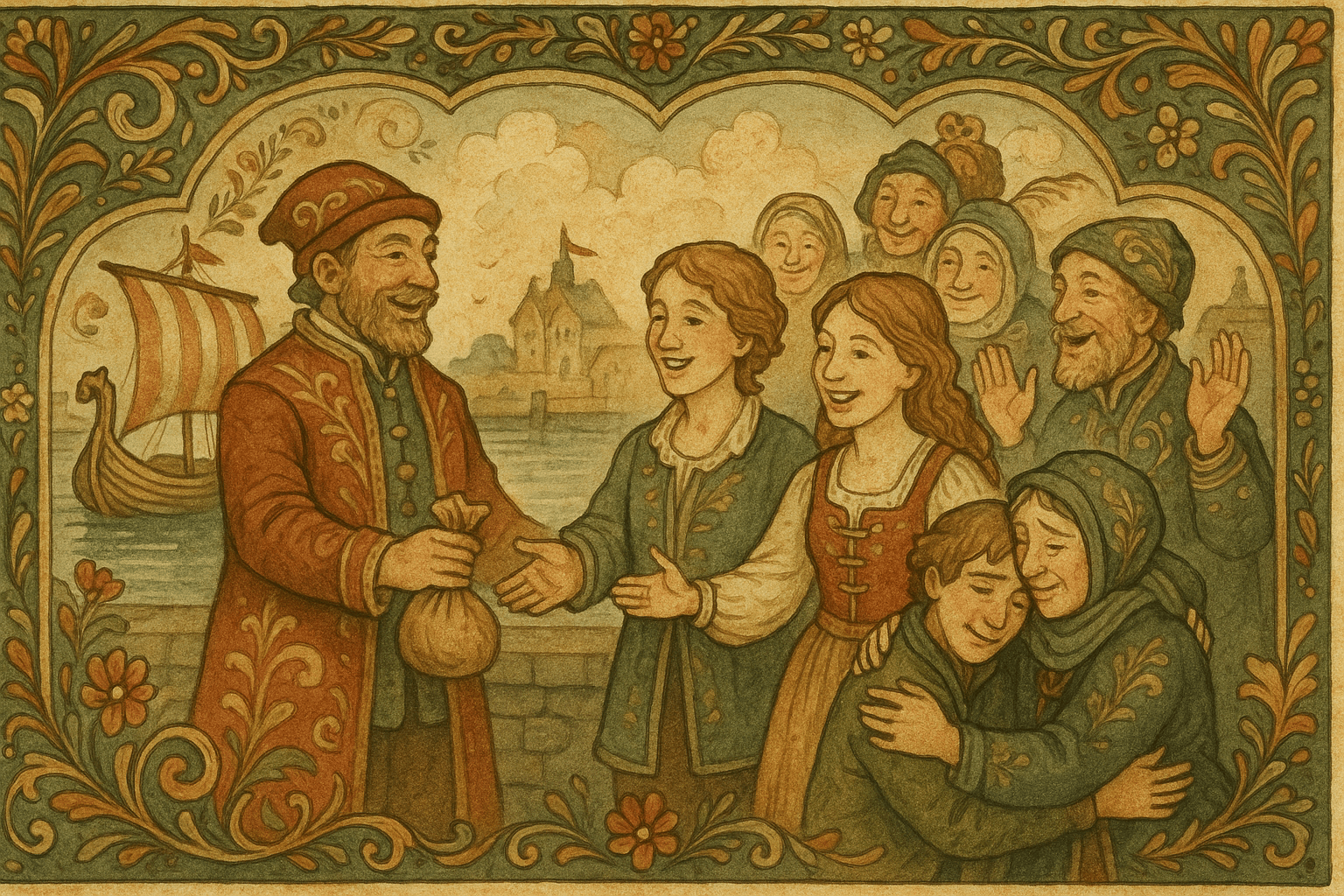 Kjøpmannen gir gutten en tung pengepung og sin datter på bryggen mens moren omfavner ham, folk feirer.