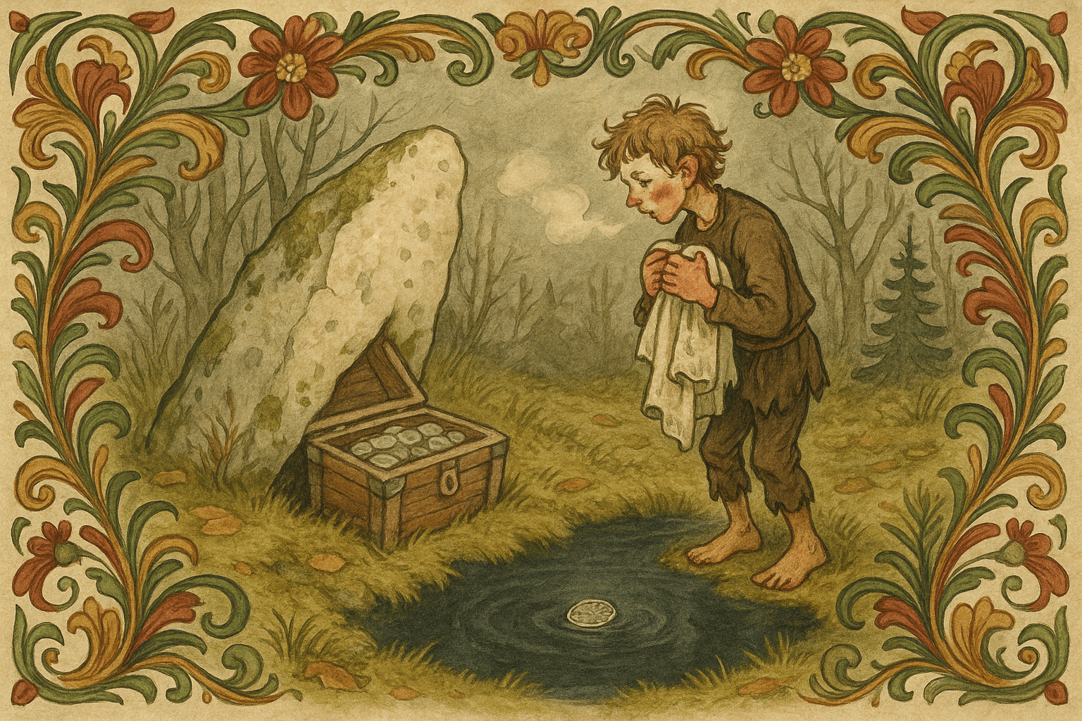 En tynn gutt i høstkulde ved en blek krokete stein i skogen, han kaster et pengeskrin i et tjern og bare en firskilling flyter.