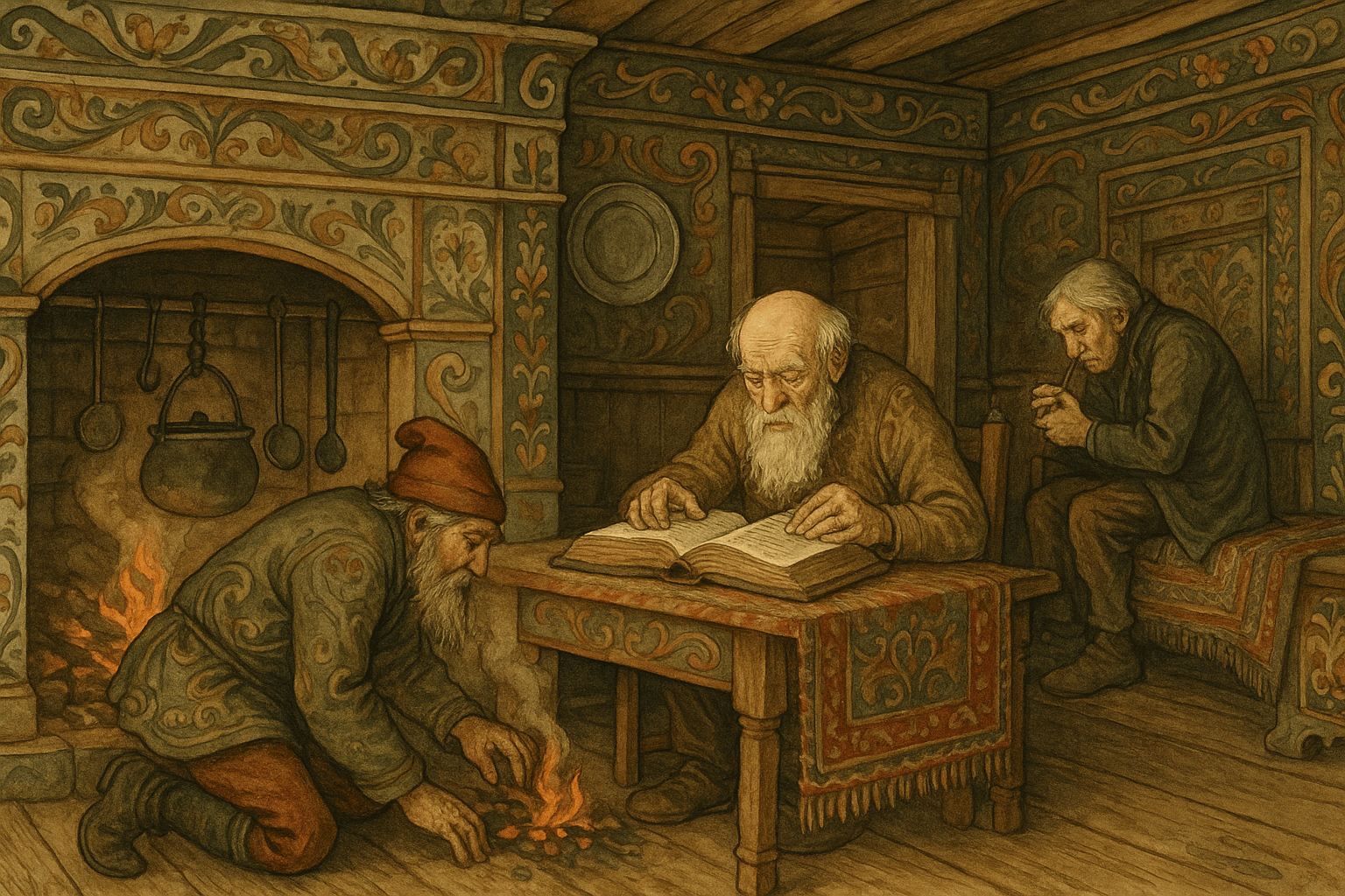 I kjøkkenet blåser en mann på peisen; bak ham sitter en annen ved bordet og leser, og en krummet mann på benken holder en pipe.