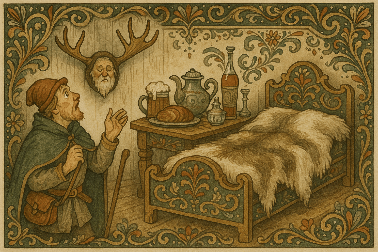 Ferdesmannen ser opp på hornet hvor et menneskelignende ansikt henger; et dekke bord og en seng med reinkalvs-feller blir båret inn.