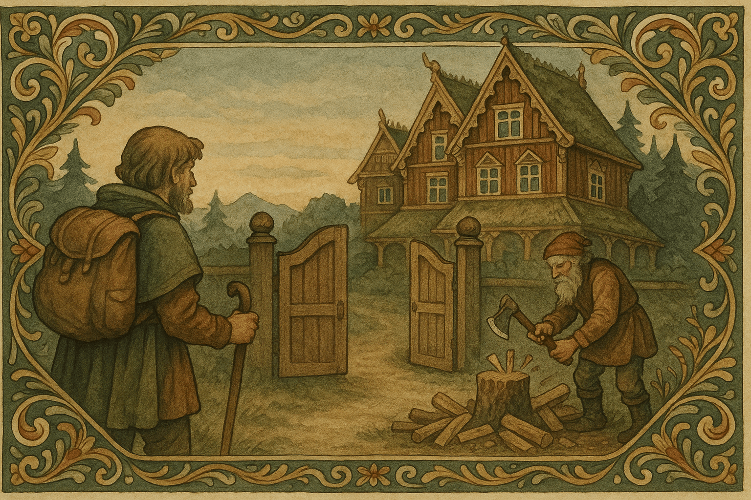 En ferdesmann står ved grinda til en stor herregård; en gammel mann med grått skjegg hugger ved ved inngangen.