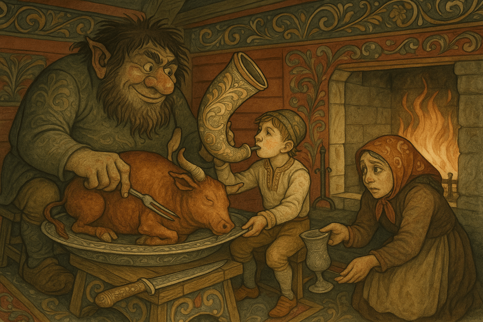 Inne i et rødmalt hus sitter et bergtroll ved bordet, gutten sitter nær og drikker av en vinambe mens en stor stek ligger på bordet og kjerringa sjangler av frykt. Gutten viser sin styrke på en beroligende måte.