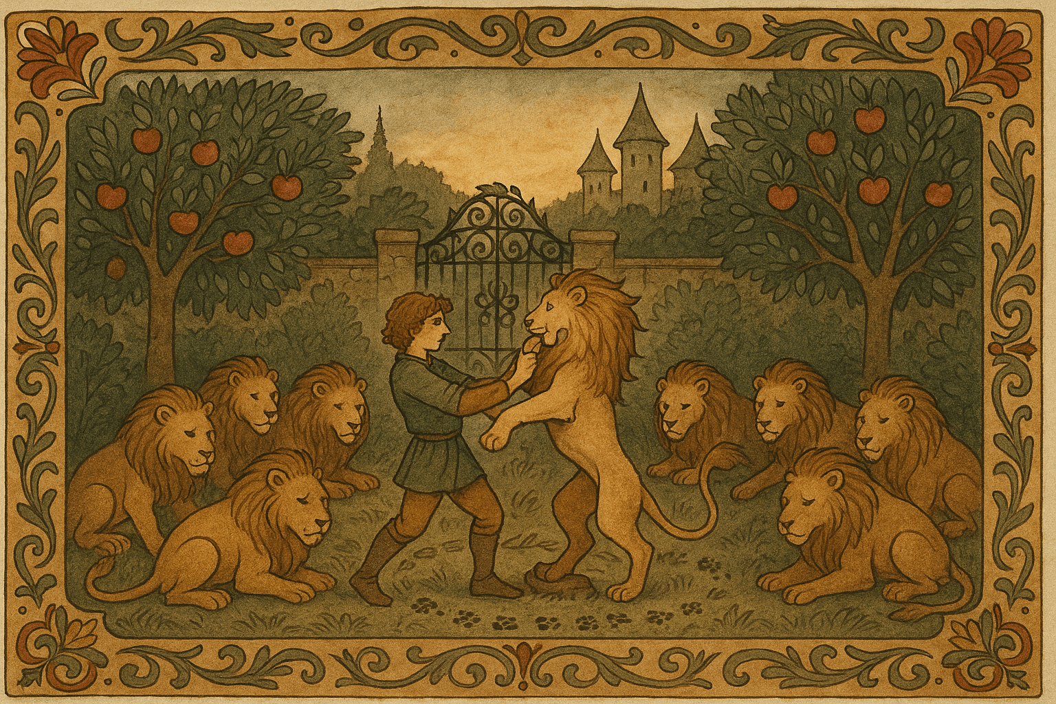 Gutten i en frukthage holder den største av tolv løver og slår den mot stein mens de andre krøker seg sammen ved føttene hans. En mørk borgtårn skimtes i bakgrunnen.