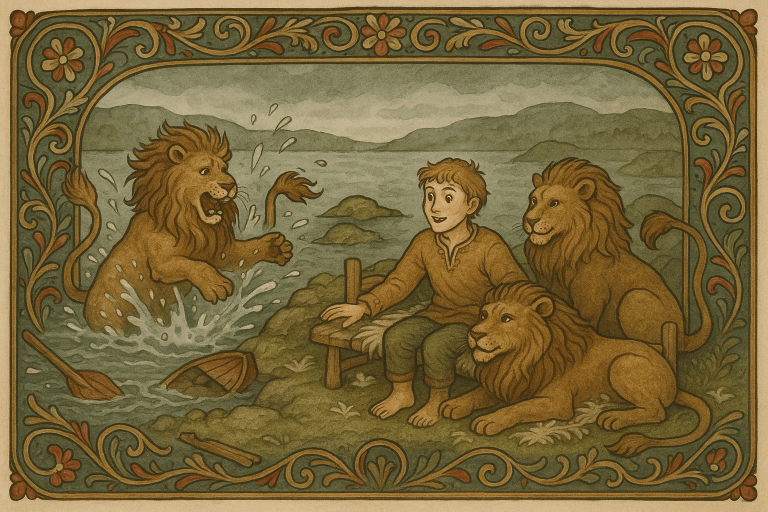 På en liten øy sitter en blind gutt omgitt av løver; en løve faller i et tjern og dyttet gutten i vannet, og han åpner øynene i det han får synet tilbake. Det ligger en liten båt og en dunseng på stranden.