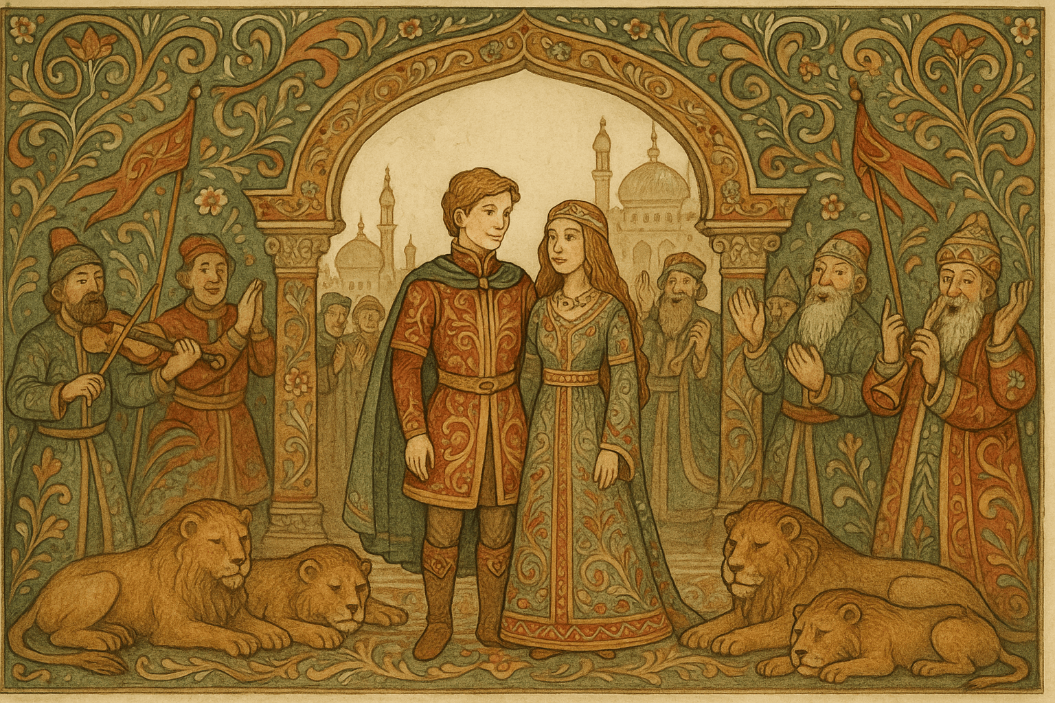 Gutten som prins ved siden av kongsdatteren i et storslagent palass, omgitt av jubel og musikere, med løver som ligger fredelig ved døren. Brudefolkets seier og glede vises tydelig.