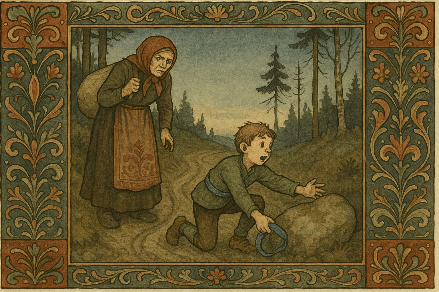 En fattig kjerring og en liten gutt på åsen, gutten kneler og tar opp et blått band og knyter det om livet mens han løfter en stein. Kjerringa står bak og ser bekymret på.