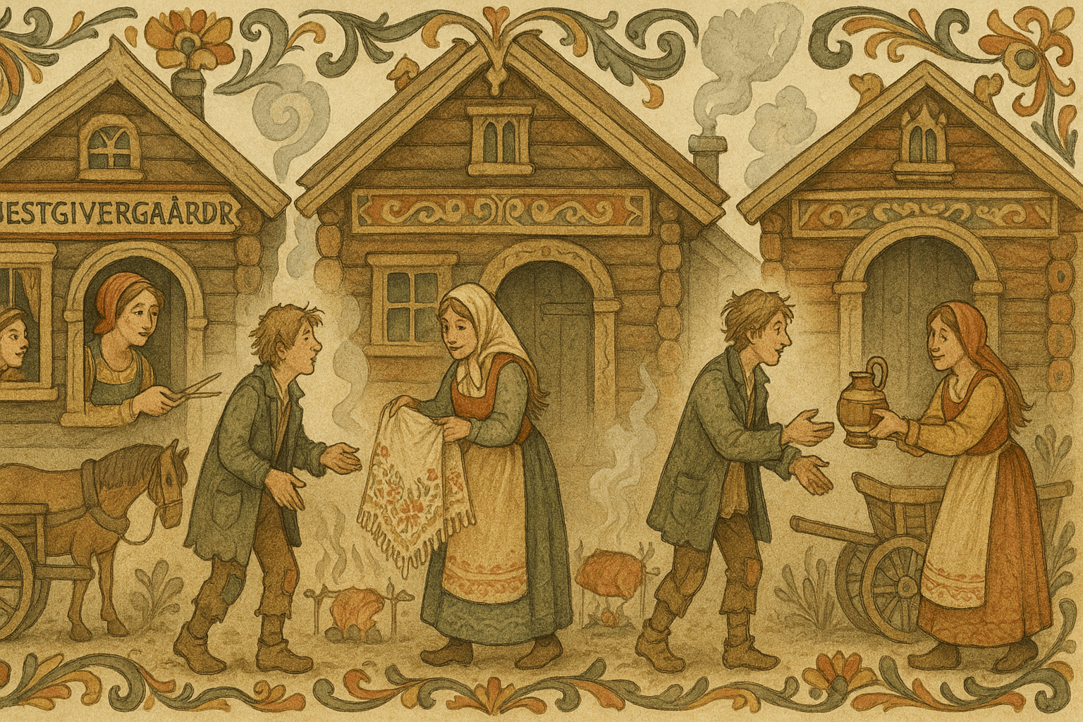 Tre gjestgivergårder på rad der forskjellige gjestgiverkoner gir Askeladden henholdsvis en saks, en duk og en ture uten å la makene se.