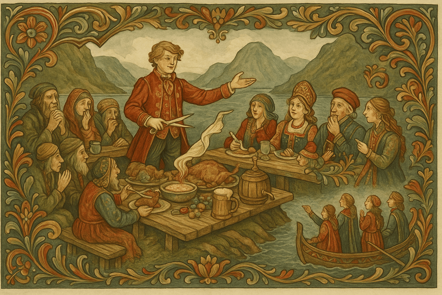 På en liten holme er fantefolket kledd i prakt etter at Askeladden bruker saksen og duken, med dekket bord, stek og mjød.