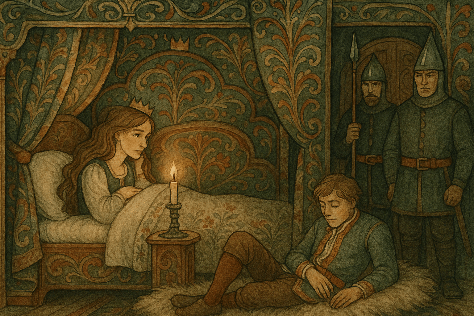I kongens kammer sover Askeladden på sengekanten mens prinsessen våker og to vakter står ved døren.