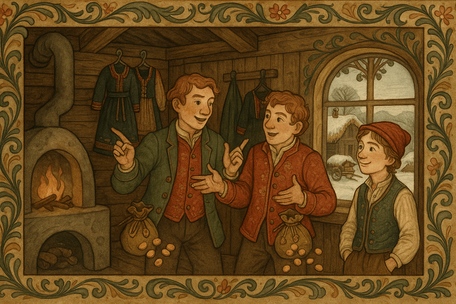Tre brødre i en tømmerstue med peis; to viser mynter fra lommer, mens yngstemann, Askeladden, ser ut av vinduet og smiler.