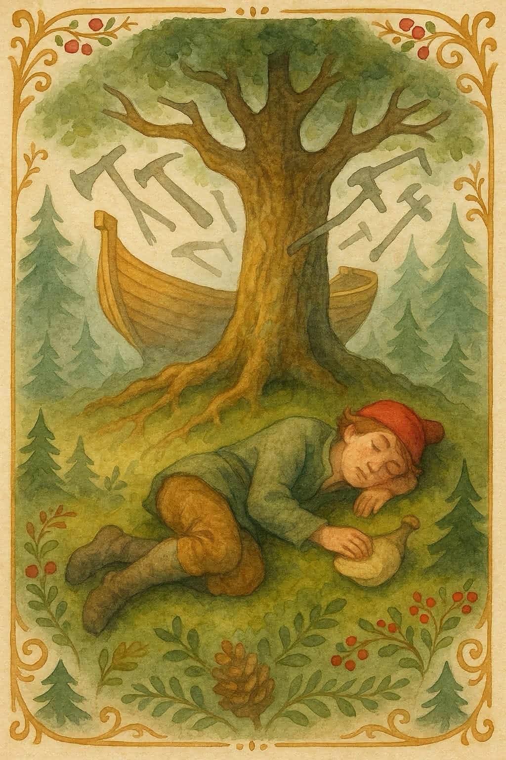 Askeladden på et magisk skip som både flyter på vann og ruller over land, med de gode hjelperne rundt.