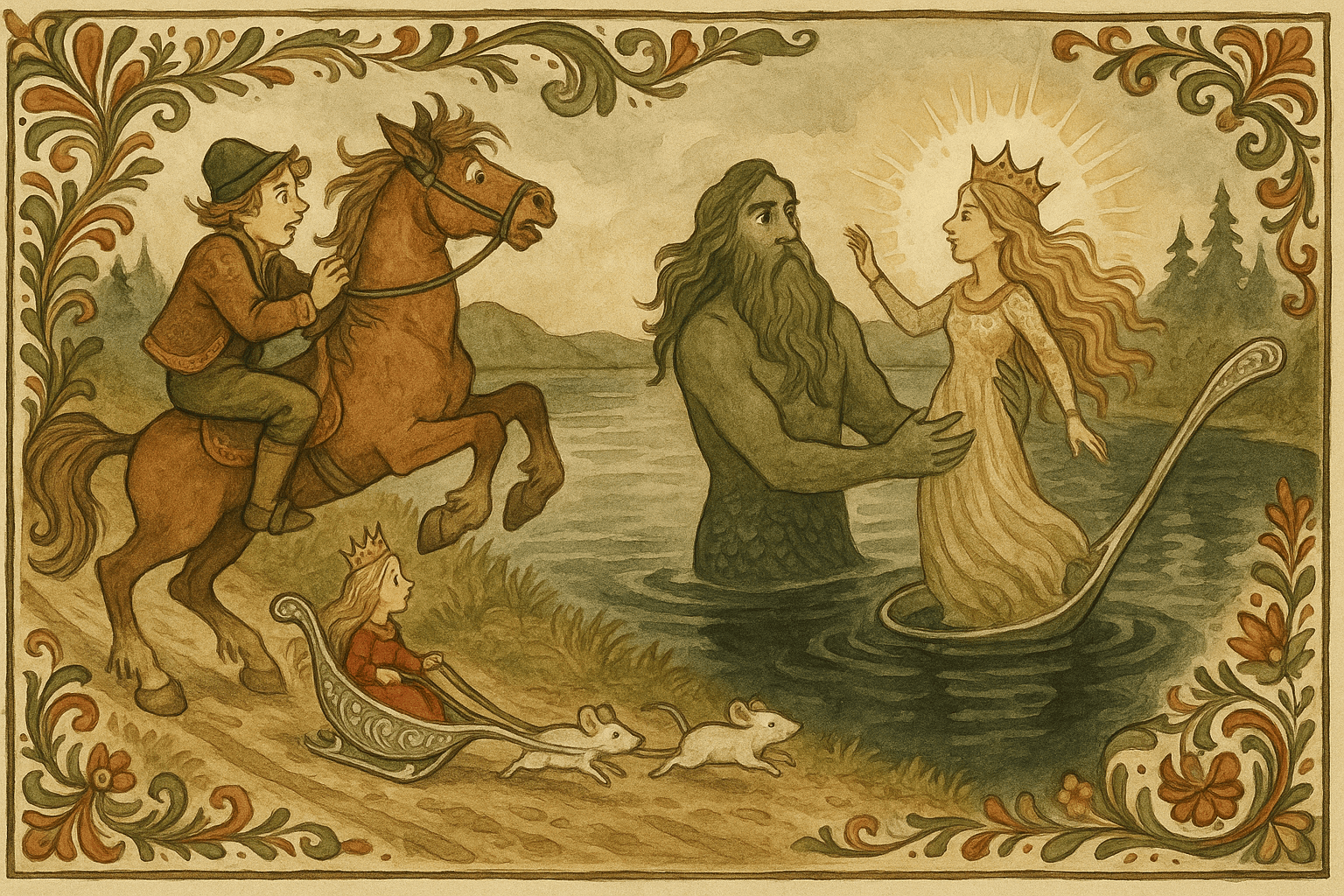 En hest blir skremt ved vannkanten, sølvskjeen veltet og dukkens lille figur faller i vannet; en havmann kommer opp med henne nå som en voksen kvinne. Scene ved en stille innsjø med trær langs bredden.