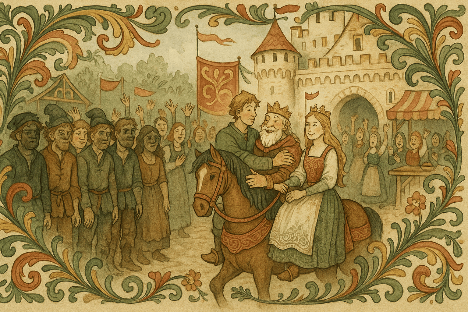Askeladden og hans brud står foran kongen i borggården mens brødrene med sine sotete og tjærete hoder ser misunnelige ut. Bilde av en bryllupsprosesjon og gledelige tilskuere.