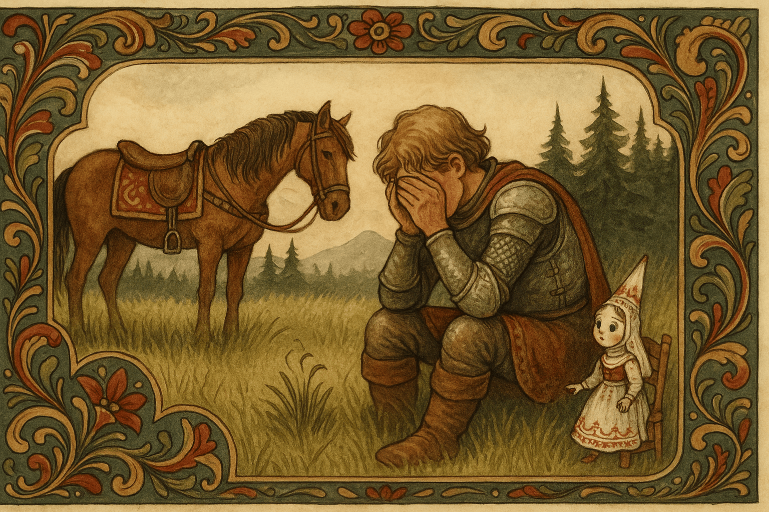Askeladden sitter i gresset ved hesten når en liten, hvit dukke sitter på en liten stol og ser på ham. Bildet viser et norsk fjell- og skoglandskap i bakgrunnen.