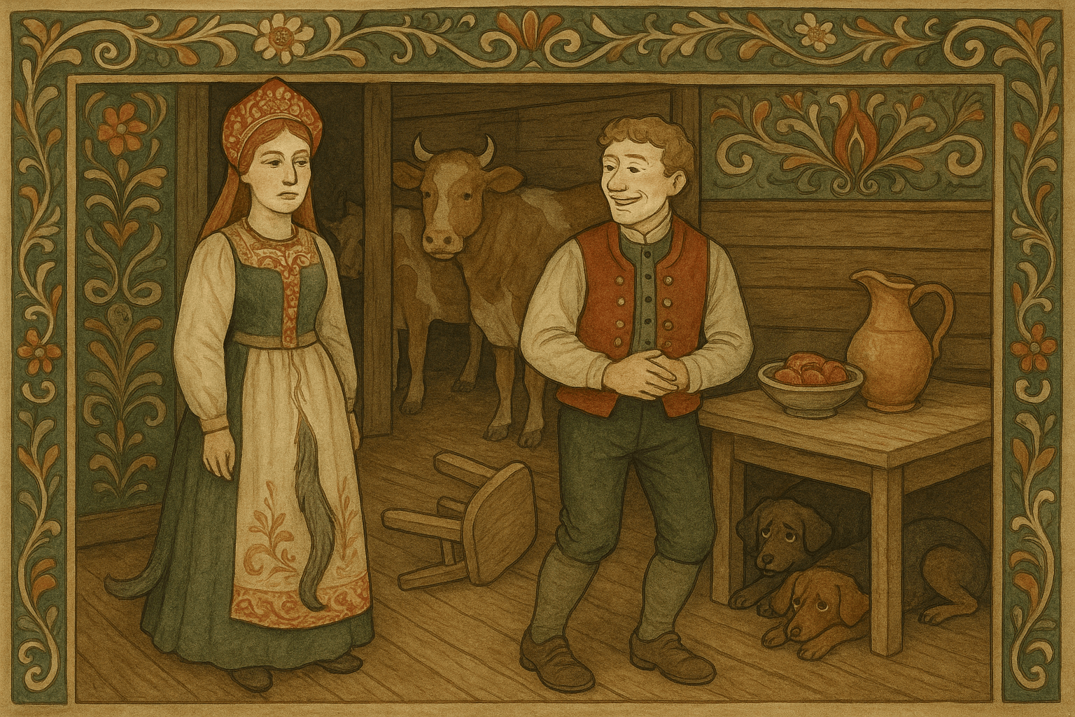 Etter bryllupet oppdager bonden at dyrene er redde og han ser en lang grå halerumpe bak kjolen hennes.