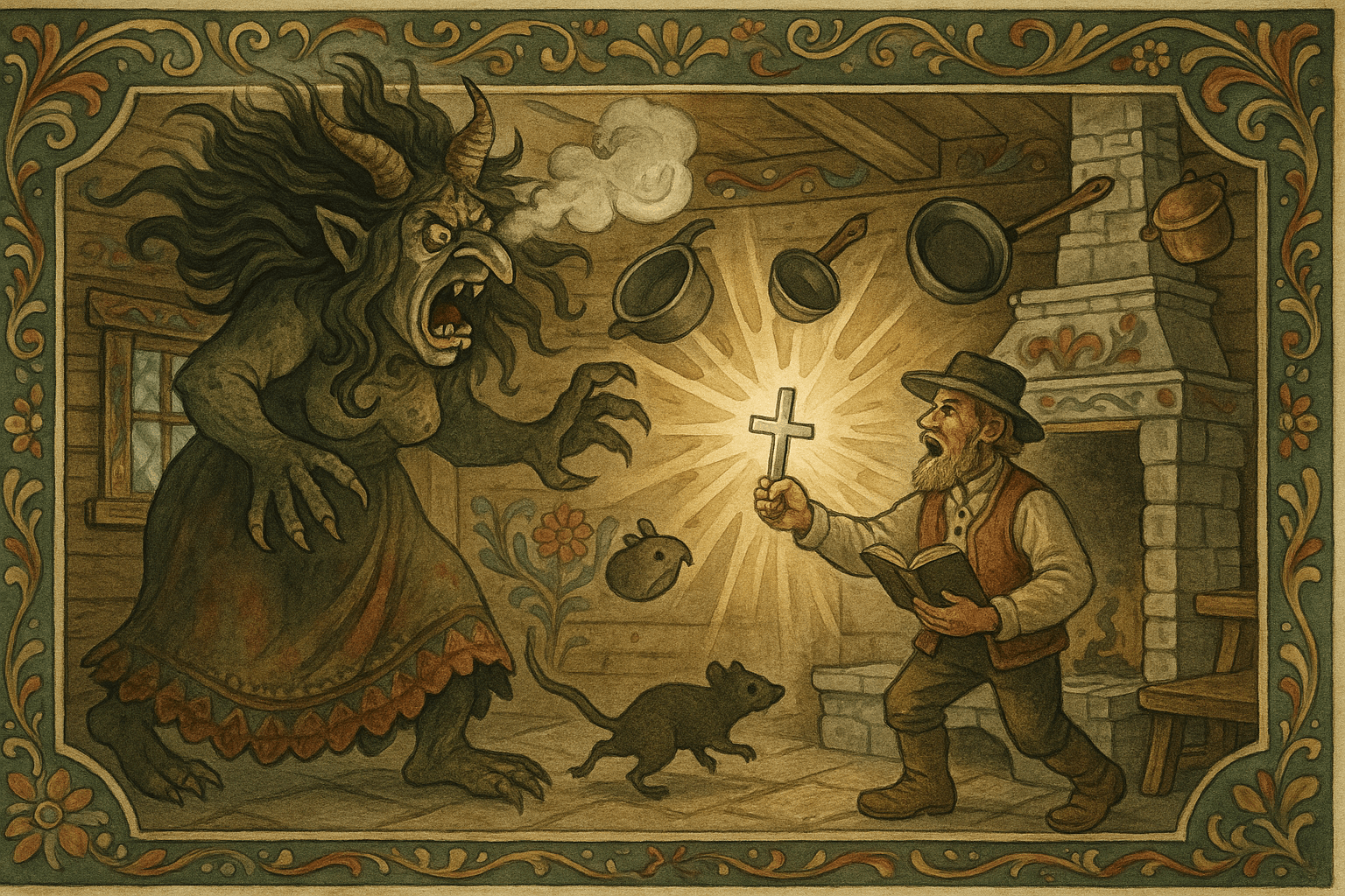 Bonden holder et sølvkors og synger mens trollkjerringa forvandles og krymper før hun flykter gjennom peisrøret.