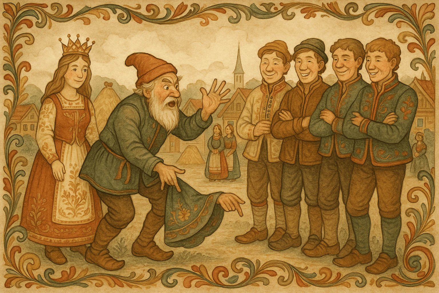 Den eldre bonden advarer unge menn på markedet og viser hvordan de må se etter halerumpe før ekteskap.