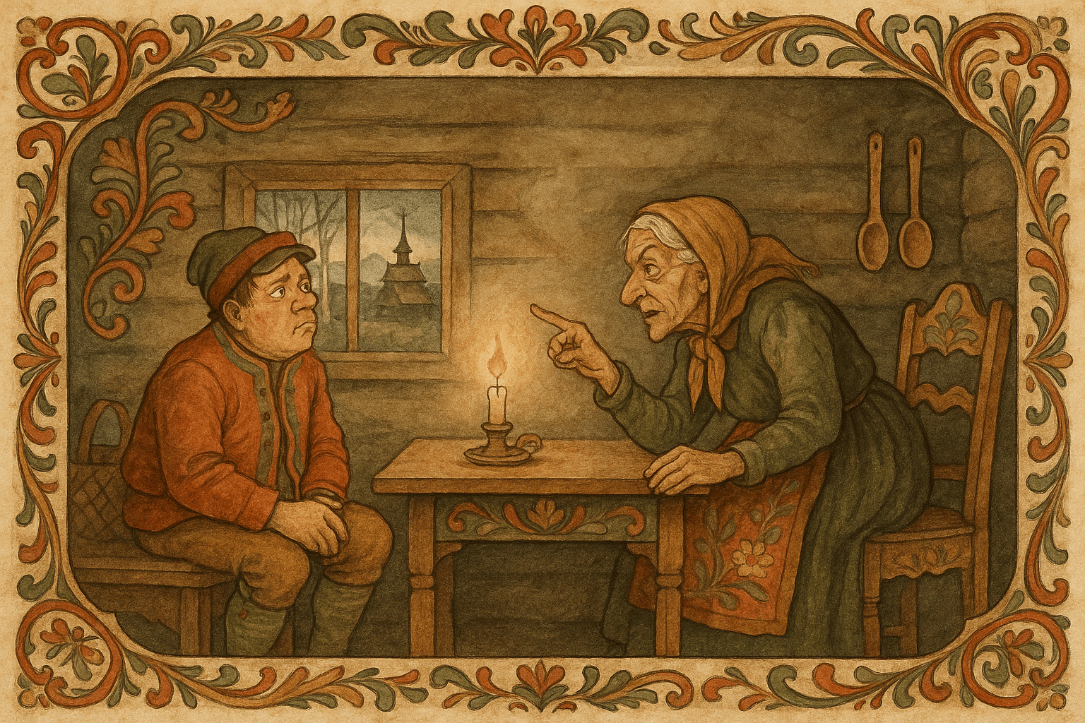 En bonde sitter i en røykfylt stue mens en gammel klog kone gir ham råd om trollkjerringer og halerumpe.