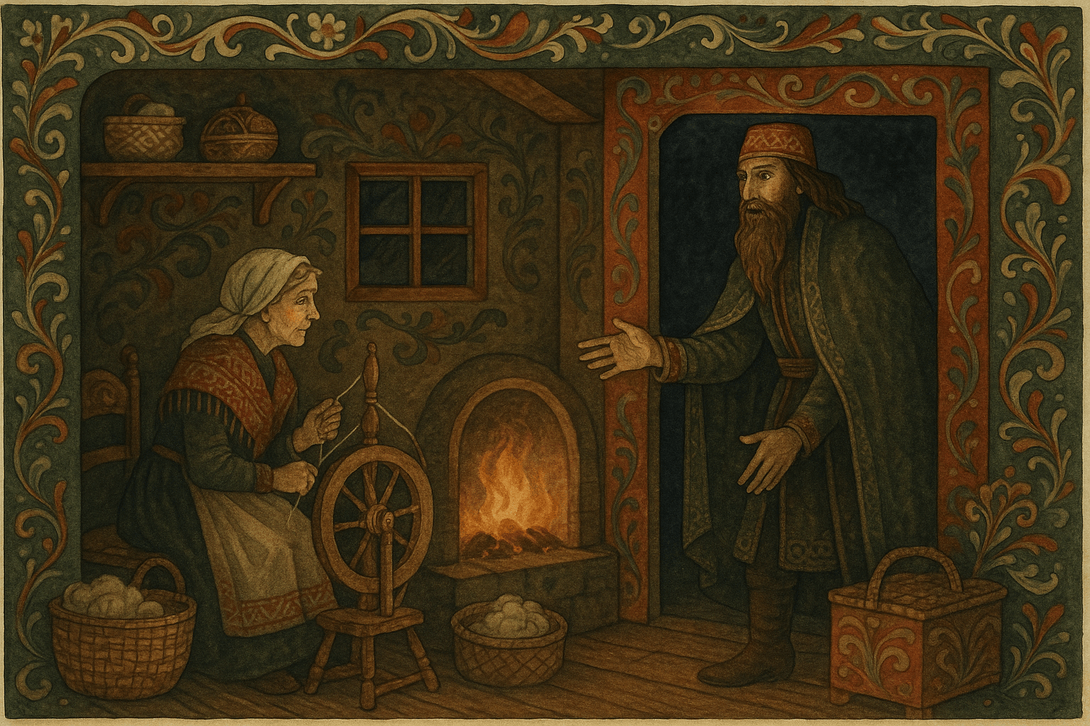 En fremmed mann kommer inn i den enkle stuen til kurvkonen og ber henne være jordmor for sin kone, hun sitter ved skorsteinen og spinner.