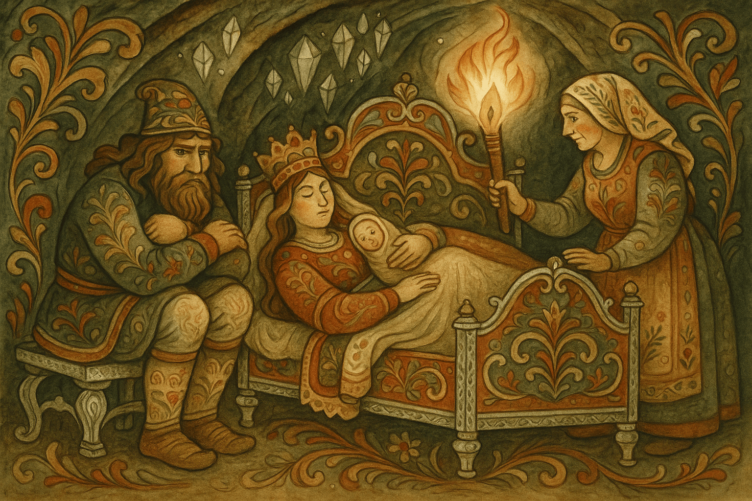 I en lys bergsal ligger dronningen i barselseng omgitt av bergkrystaller og sølv, mens jordmoren legger hånden på henne og fødselen skjer.