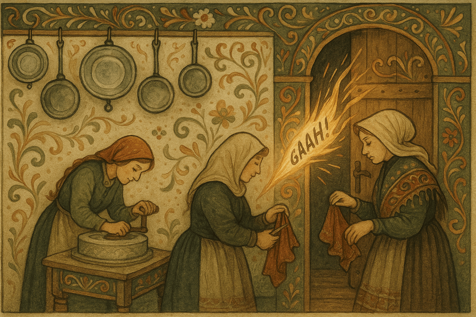 I det underjordiske kjøkkenet står sølvtallerkener og kjeler, piken maler gryn, og kurvkona sniker til seg et spuns av skjørtet før hun smetter bak døren mens en glødende sopelime sveiper forbi.