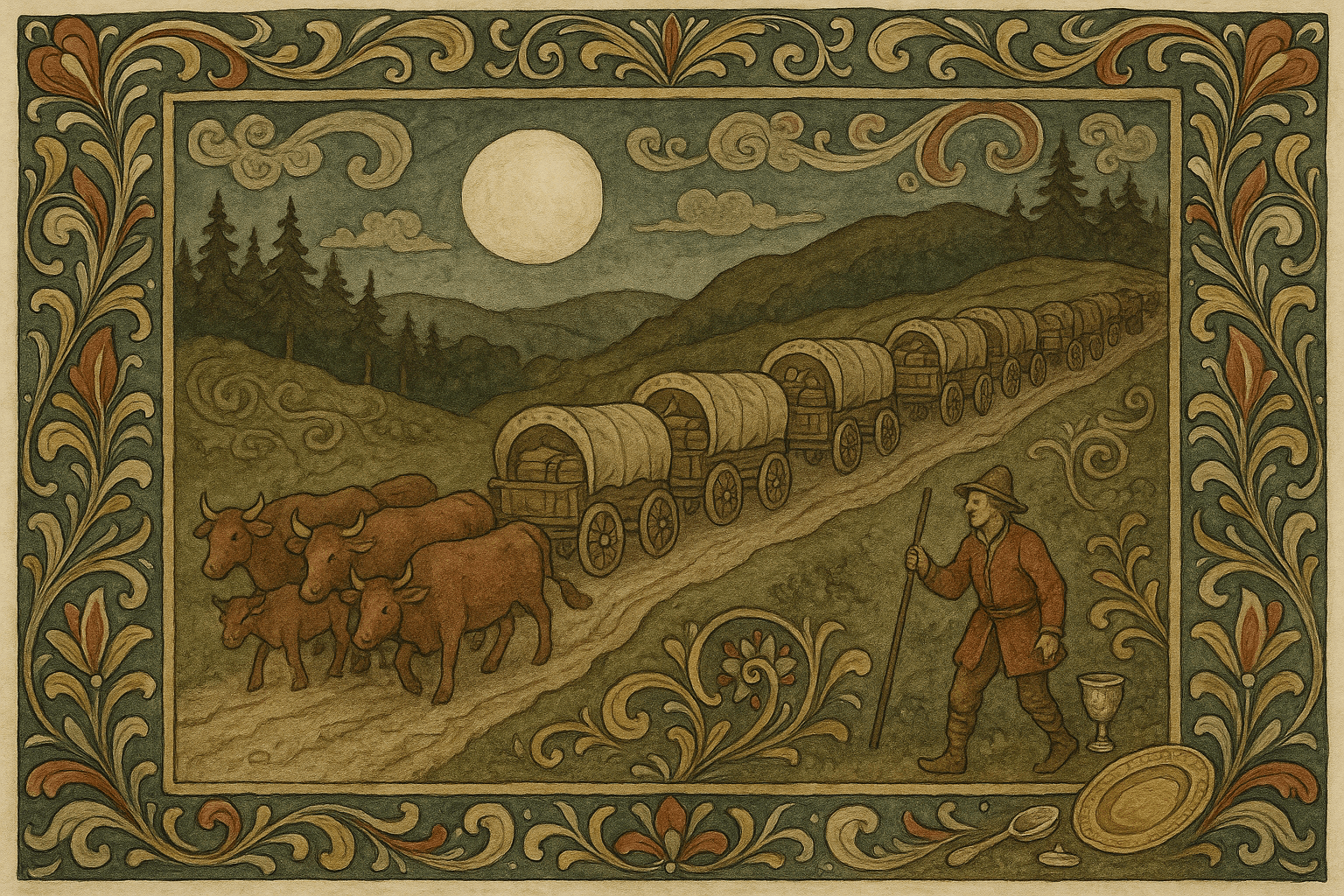 Ekebergkongen drar bort om natten med mange flyttegods og kyr langs veien over Ekeberg, mens han forlater berget og sitt rike.