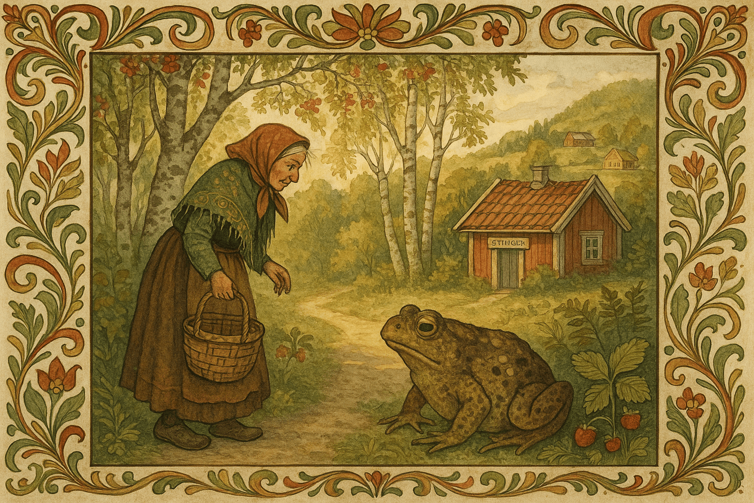 En kurvkone står på skogsstien ved den lille røde hytta Svingen og ser på en stor padde som blokkerer veien, med Ekeberg i bakgrunnen.