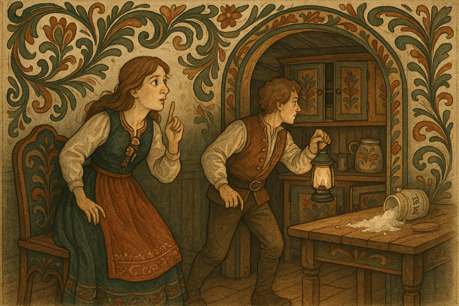 Peder går ut med lykt mens Anne ser bekymret på; kjøkkenbordet er dekket av mel og melkrukka ligger veltet.