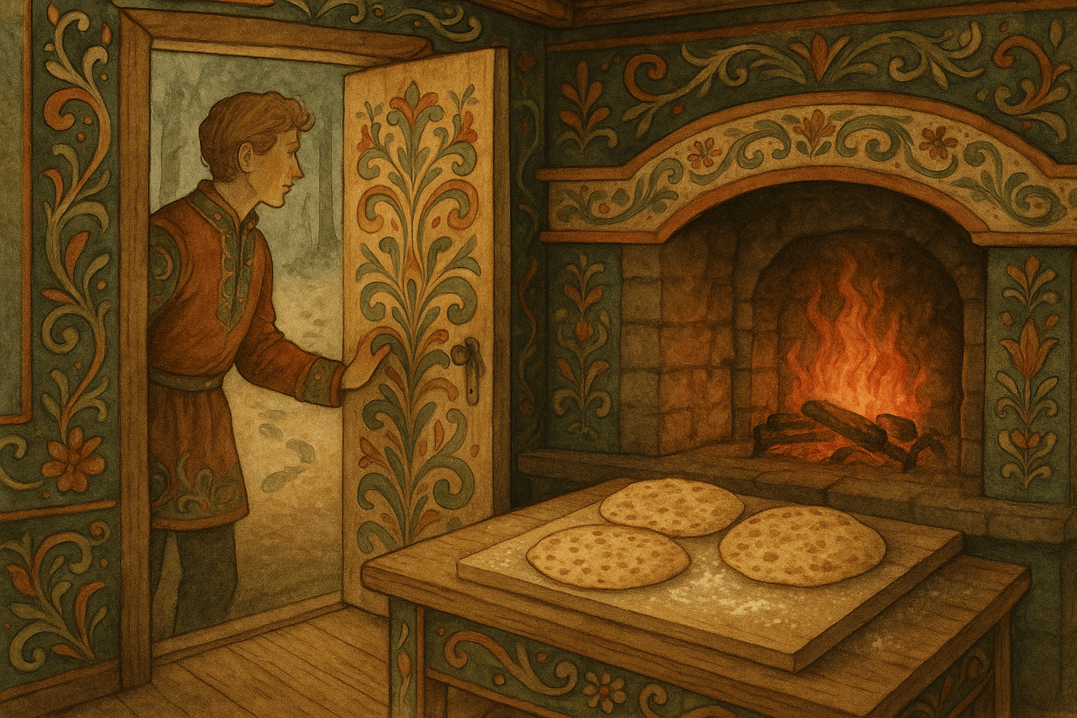 Åpen kjøkkendør viser tre gyldne lefser på et melet bord ved et glødende ildsted, men ingen mennesker er til stede.