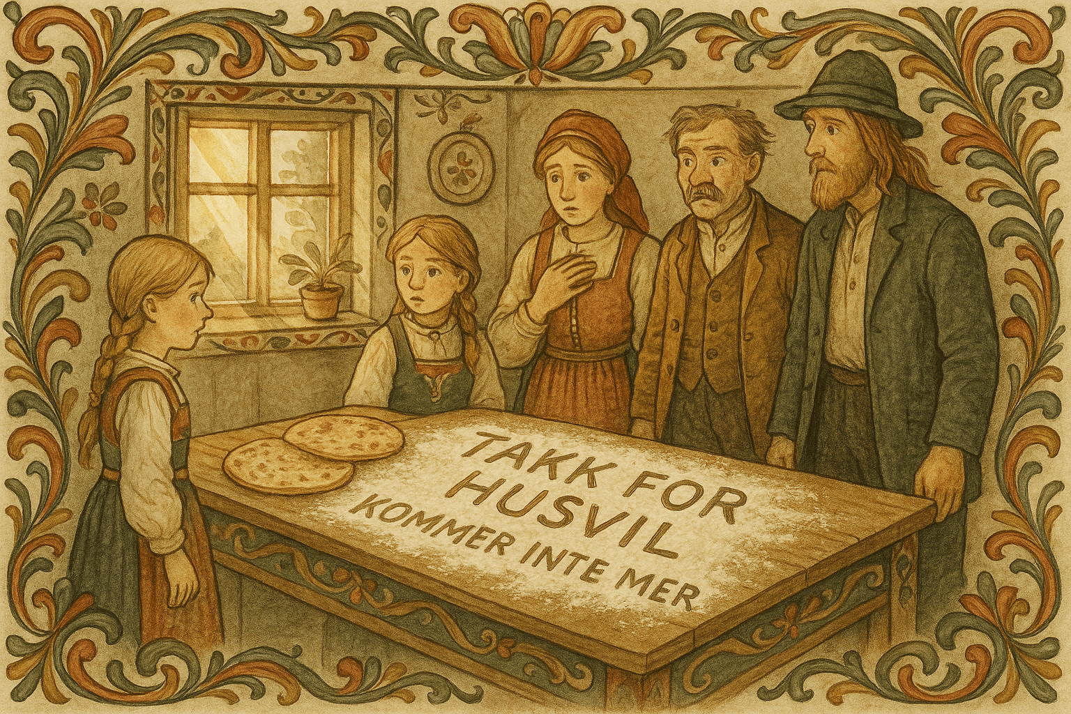 Familien står ved kjøkkenbordet hvor det i melet står skrevet 