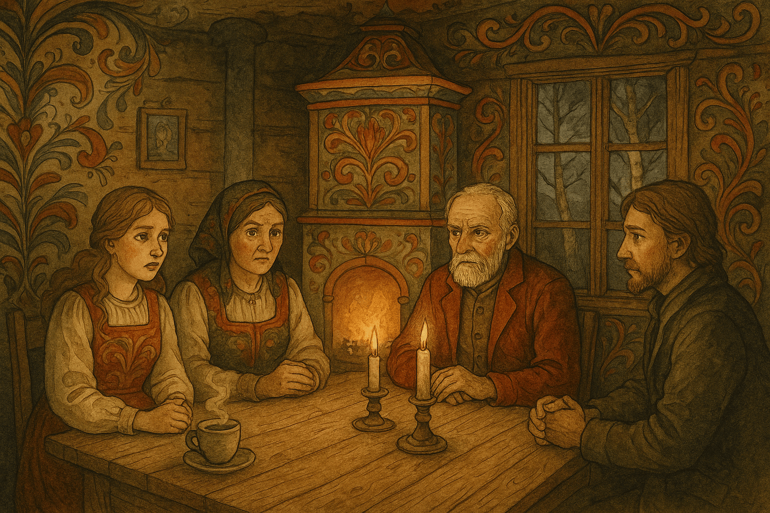 En kvinne sitter ved bordet med Peder, Margit og Anne ved kakkelovnen; vinduer viser bjørketrær og vinden som får vinduene til å klappe.