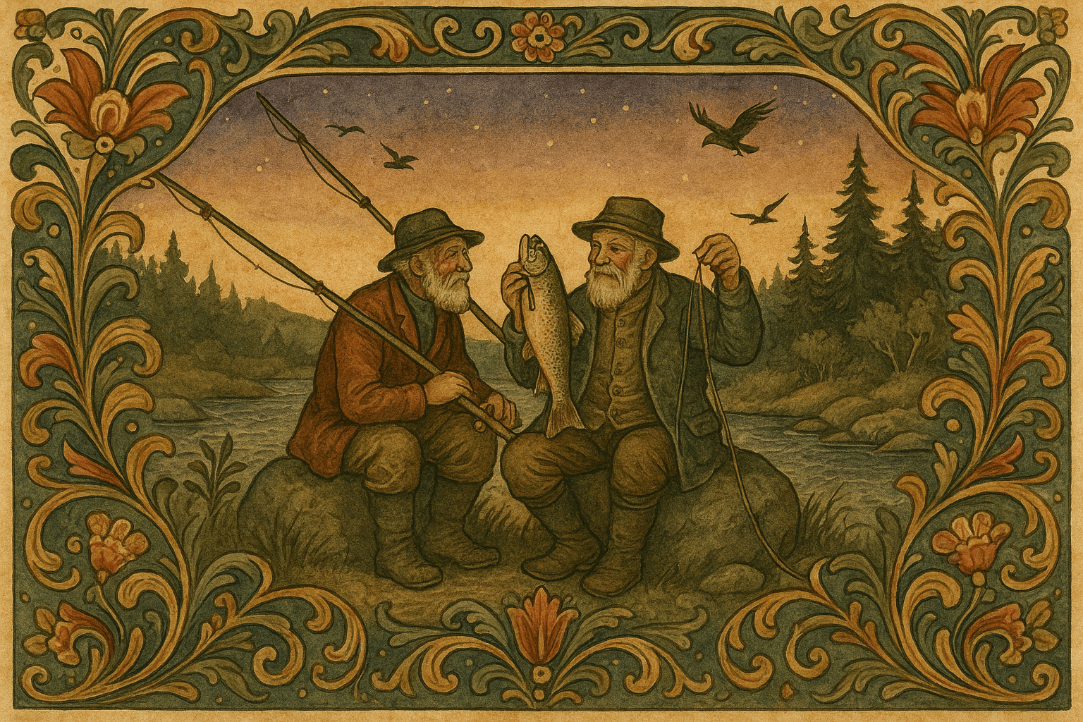To eldre menn sitter ved elvebredden og viser fram en ørret mens de forteller gamle historier i skumringen.