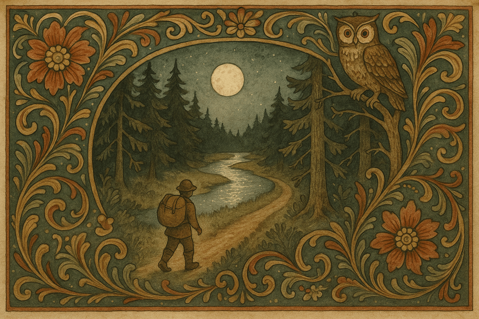 En person går hjemover med sekken på ryggen under måneskinnet mens Andelven glitrer ved stien.