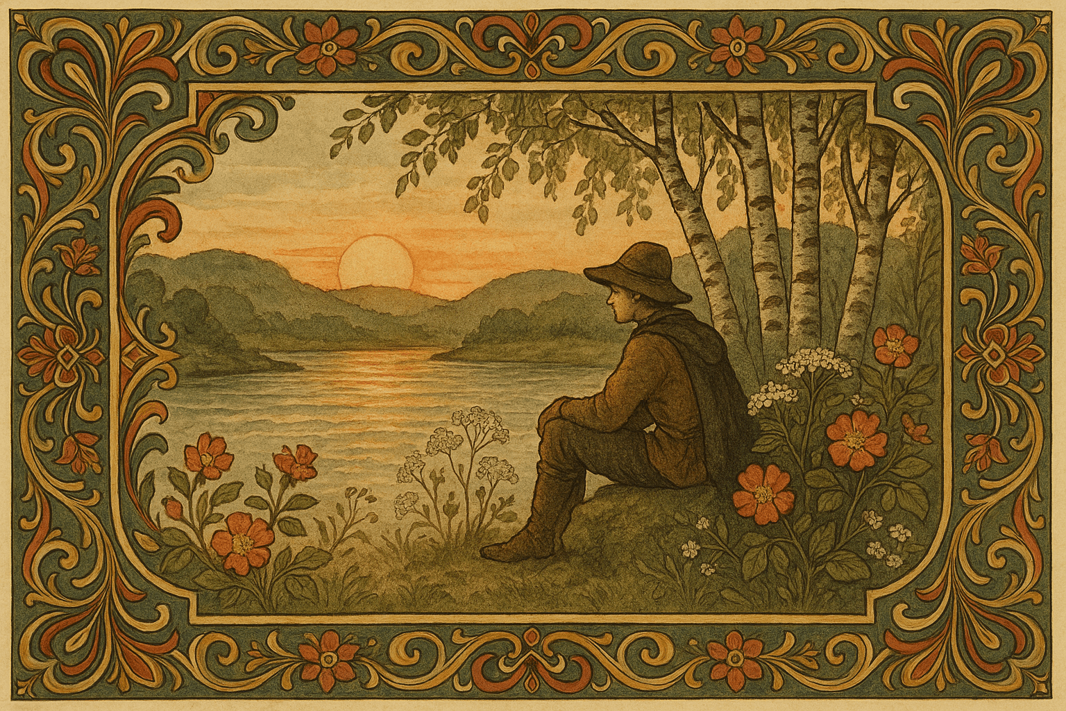 En person sitter på en mosekledd stein ved Andelven i solnedgang, omgitt av bjørker, villroser og hundekjeks.