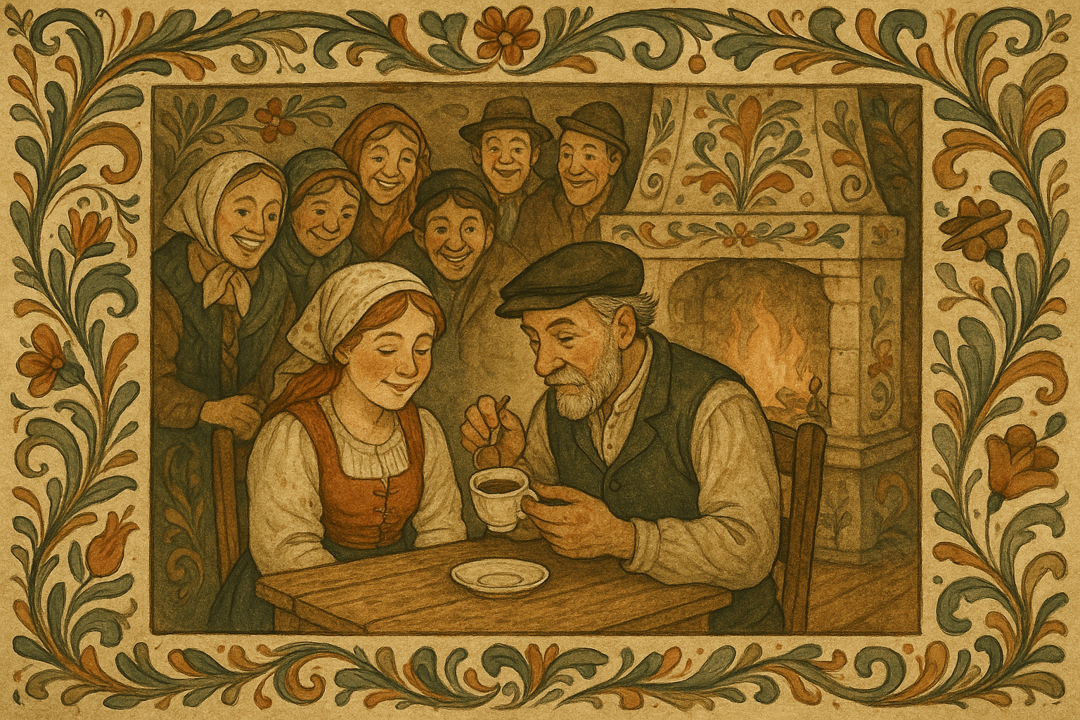 Skomakeren studerer kaffegruten i en kopp etter at Eli har drukket, mens de andre ser på og ler. Peisens lys rammer ansiktene i rommet.