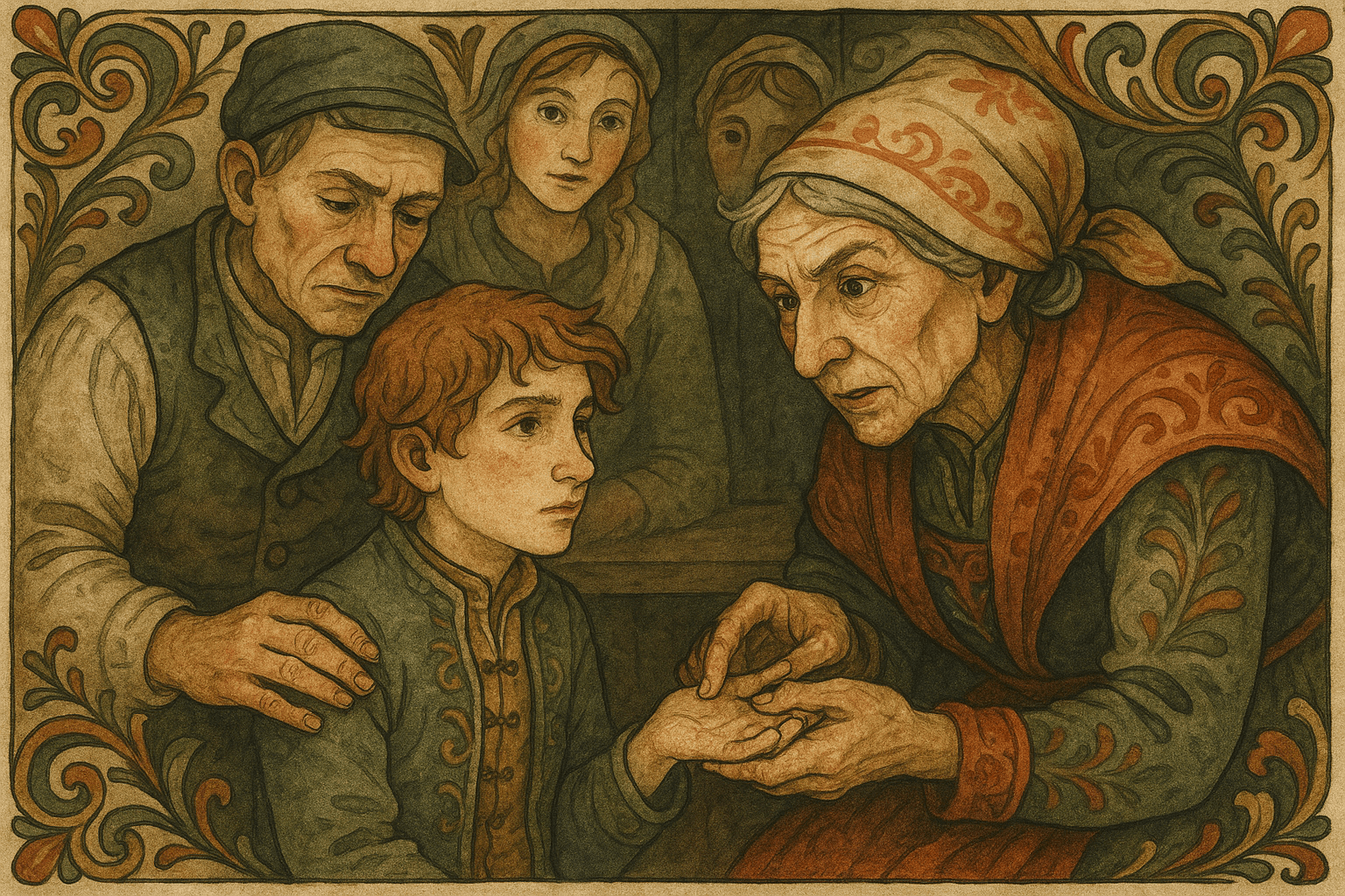 Maren bøyer seg fram og holder fjosdrengens hånd mens hun gransker den, alle i rommet blir stille og stirrer. Stemningen er alvorlig og spent.