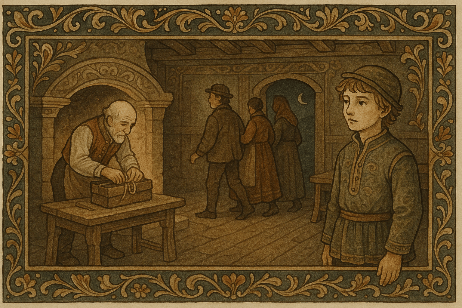 Folk forlater kjøkkenet mens skomakeren pakker sammen ved den svinnende peisen; fjosdrengen står ettertenksomt igjen og andre hvisker om ham. Kjøkkenet blir stille med glødende kull i peisen.